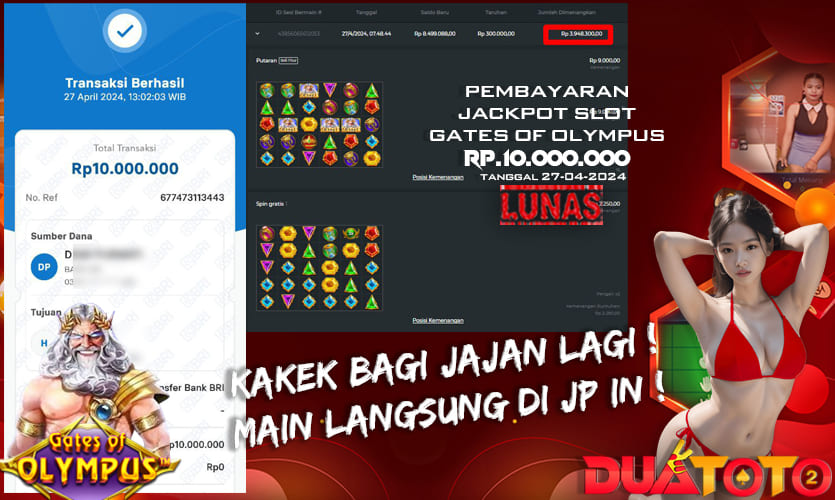 BUKTI PEMBAYARAN JACKPOT PRAGMATIC GATES OF OLYMPUS 27-04-2024