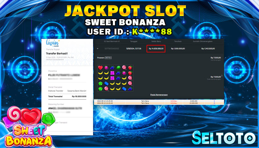 BUKTI PEMBAYARAN JACKPOT SLOT SWEET BONANZA 13-09-2024
